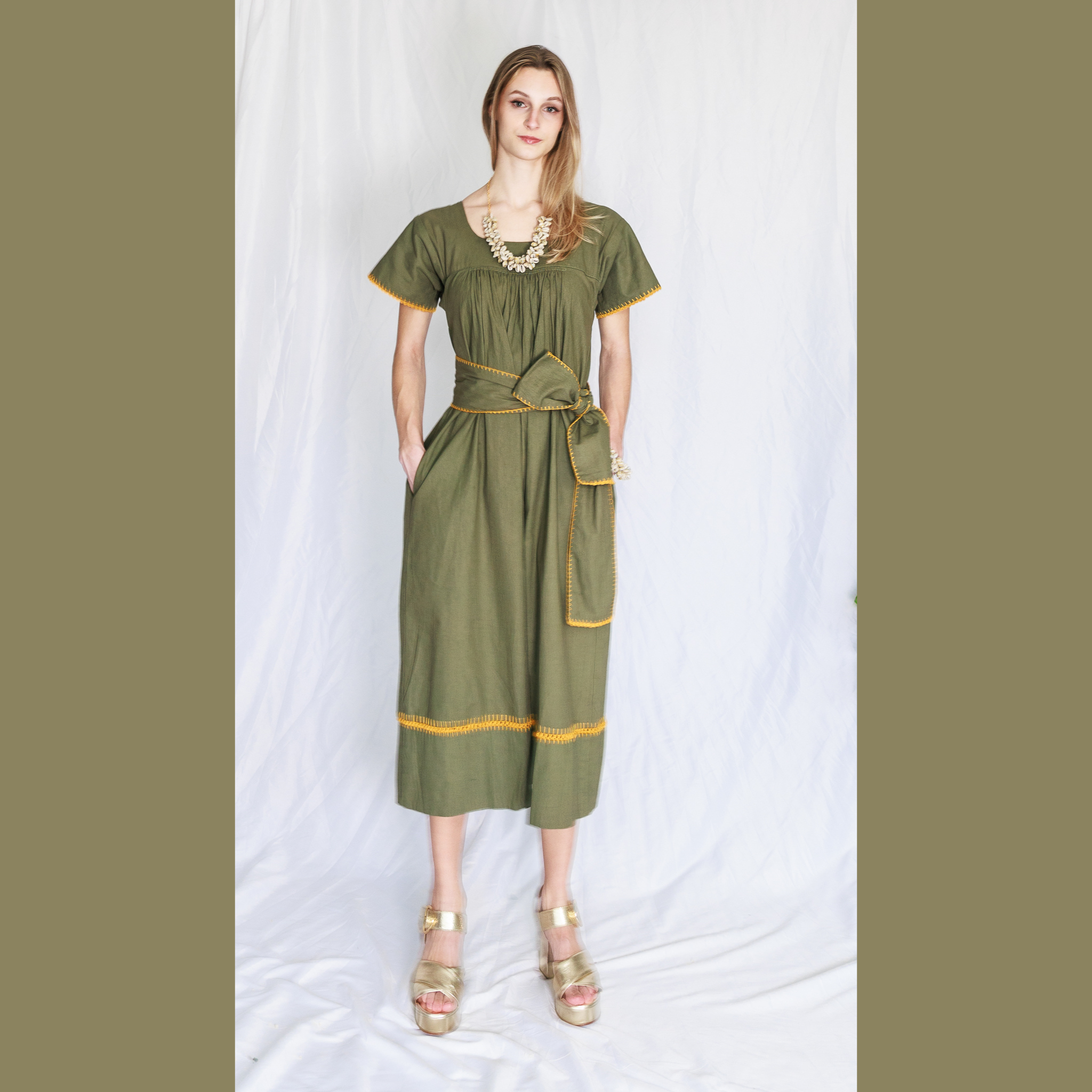 Mexican Crochet Kaftan Dress - Avocado