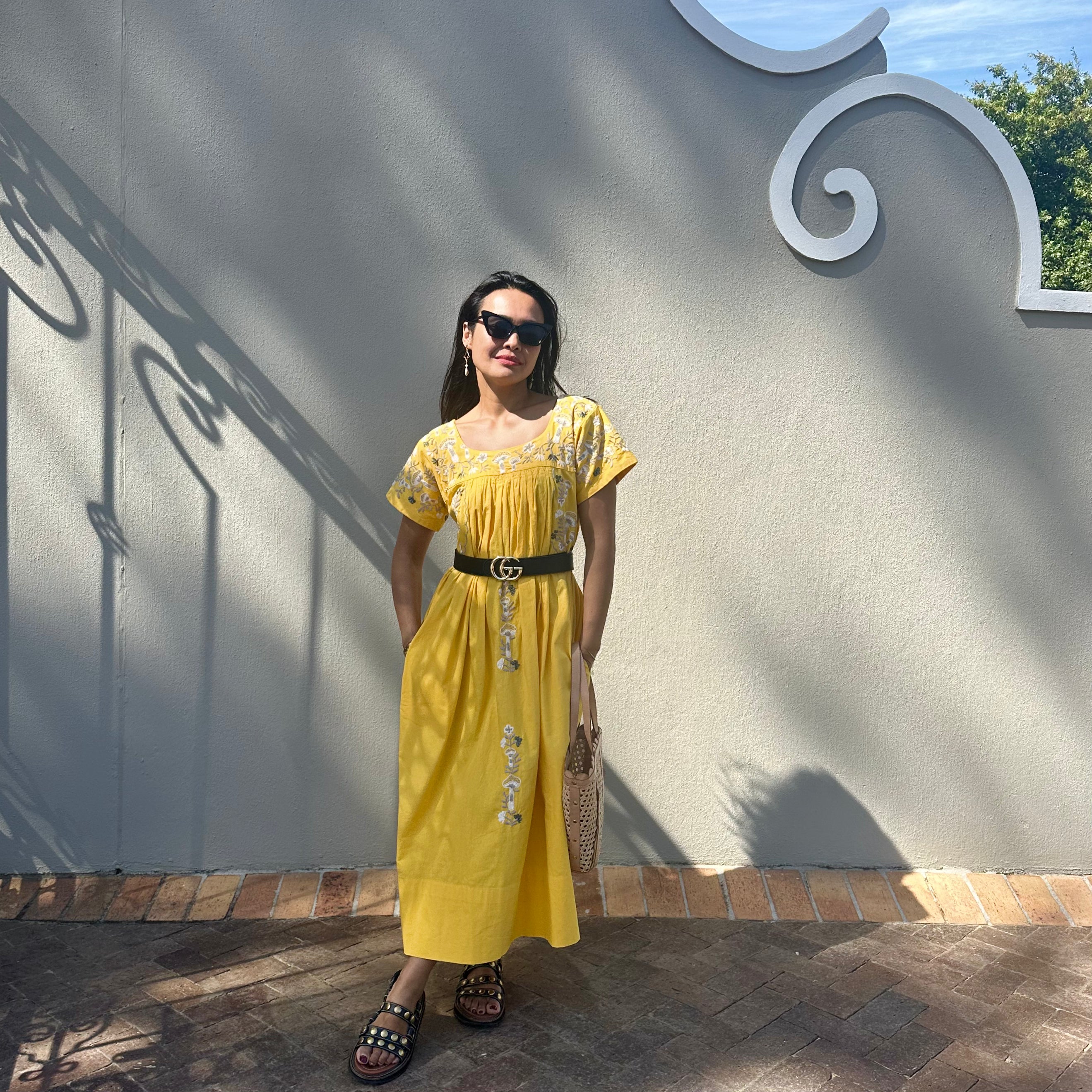 Mexican Embroidered Kaftan Dress - Lemon Yellow