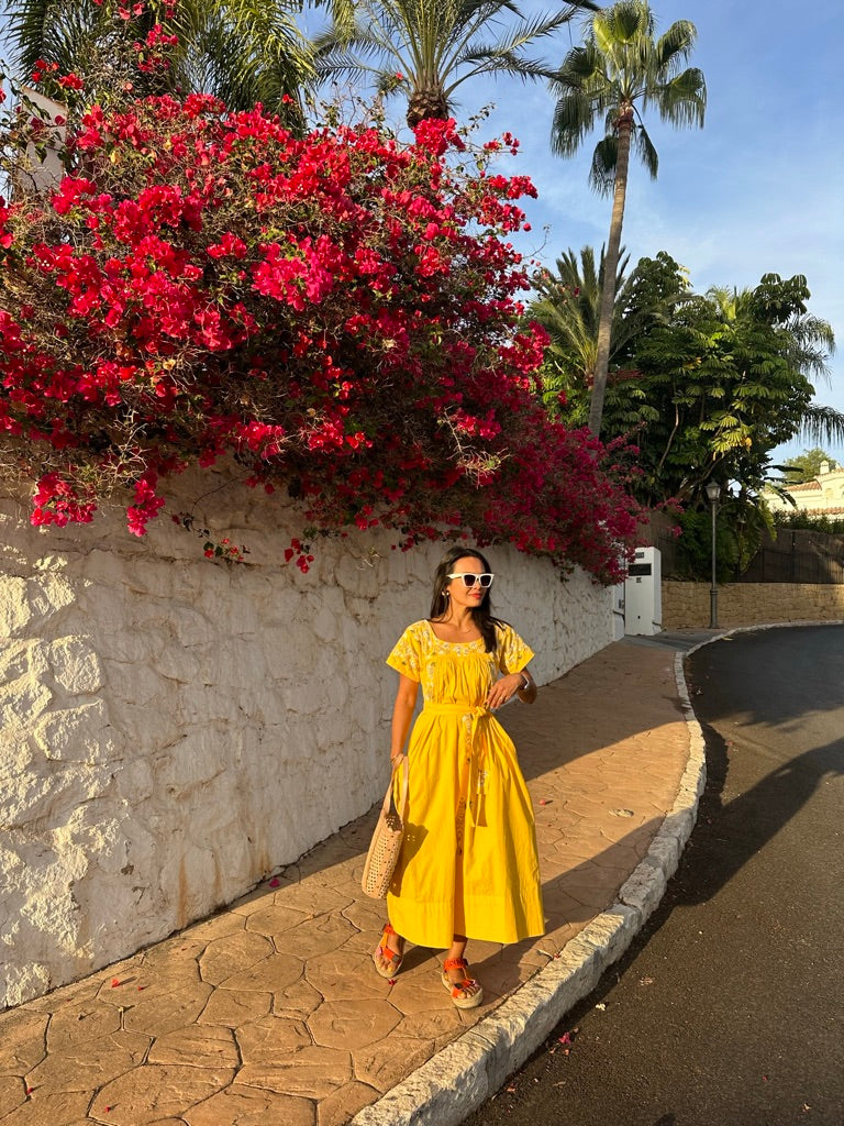 Mexican Embroidered Kaftan Dress - Lemon Yellow