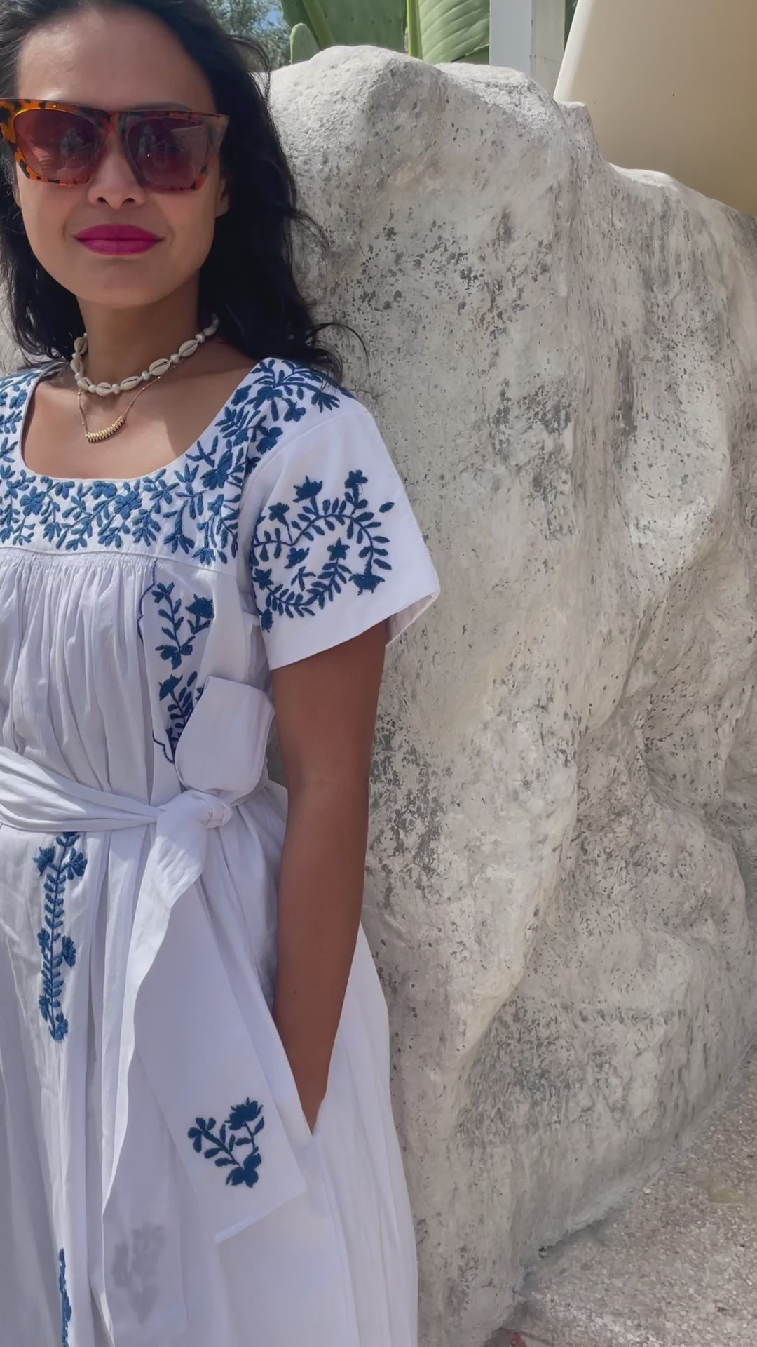 Mexican Embroidery Kaftan in Blue & White