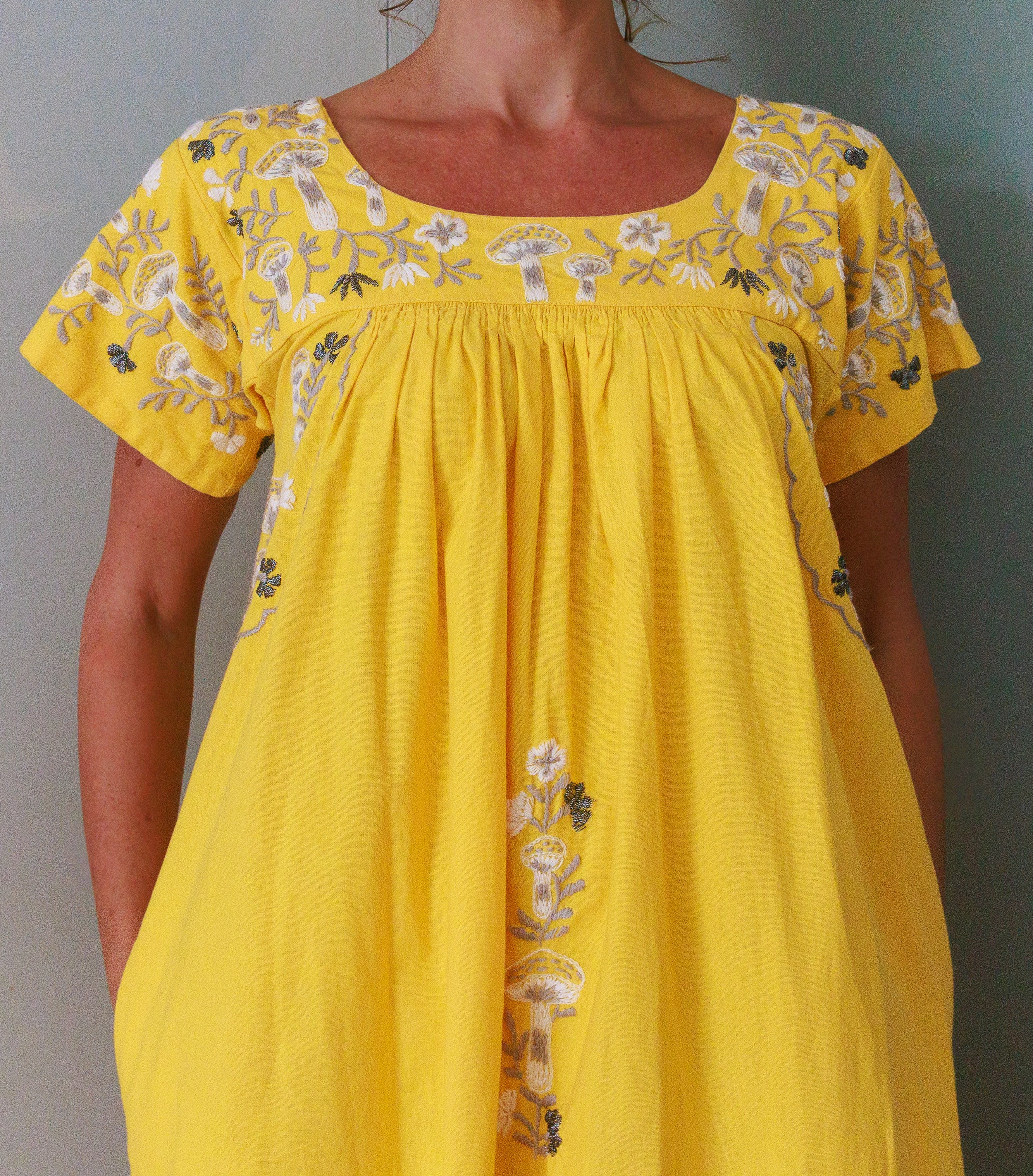 Mexican Embroidered Kaftan Dress - Lemon Yellow