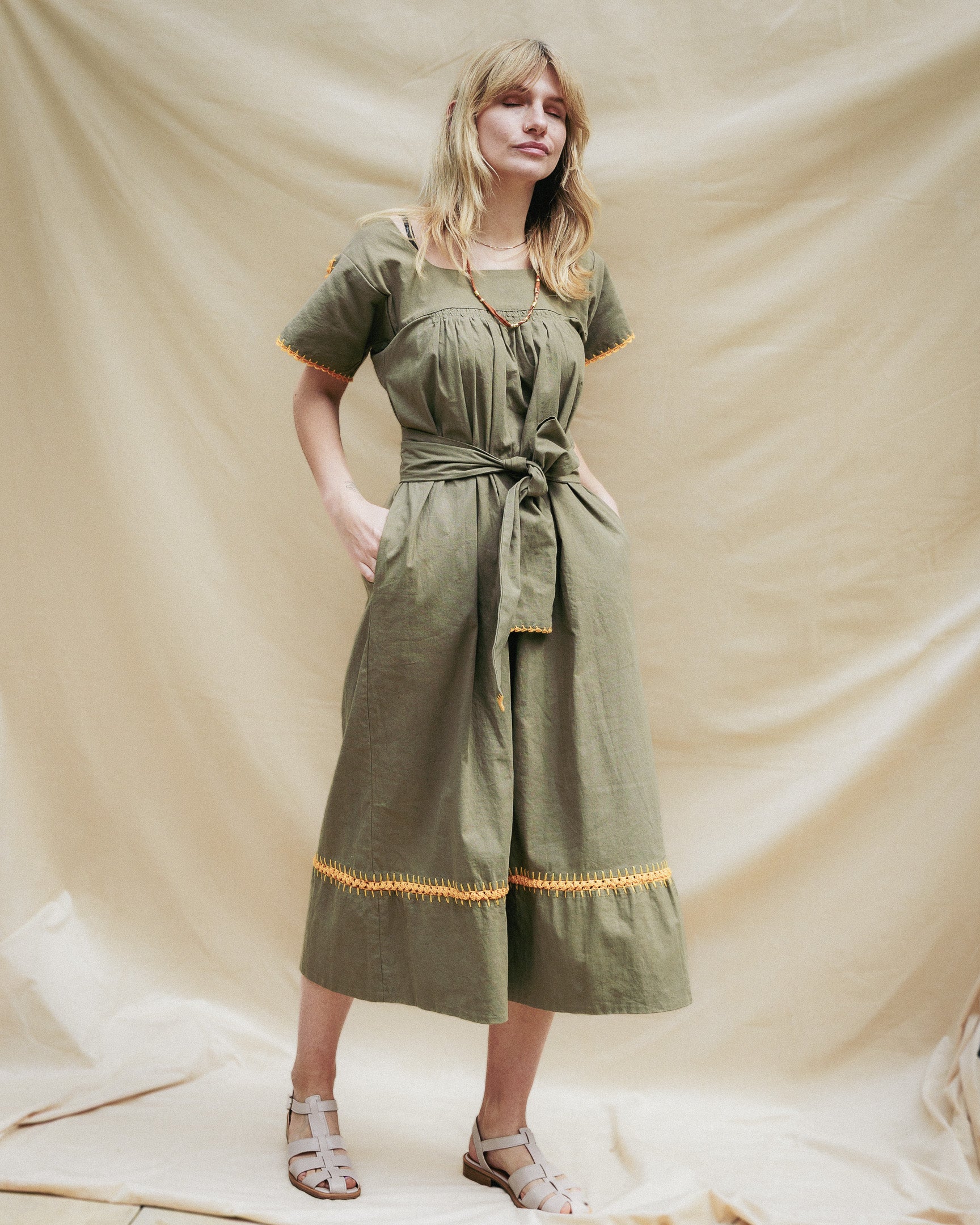 Mexican Crochet Kaftan Dress - Avocado