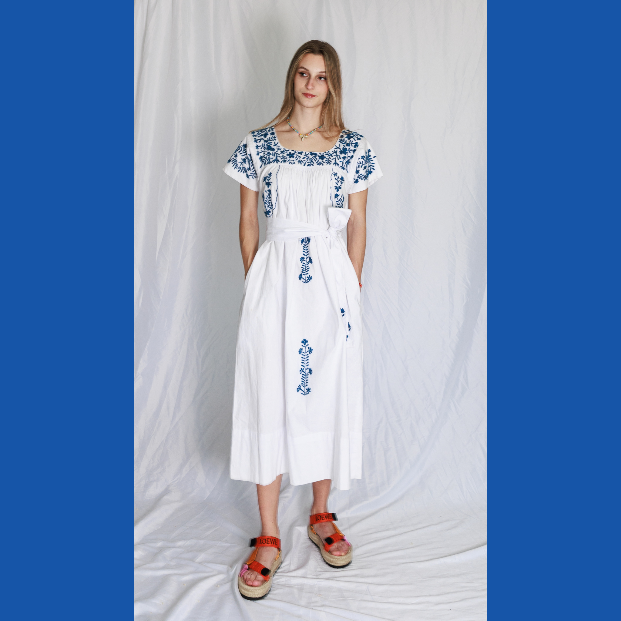 Mexican Embroidery Kaftan in Blue & White
