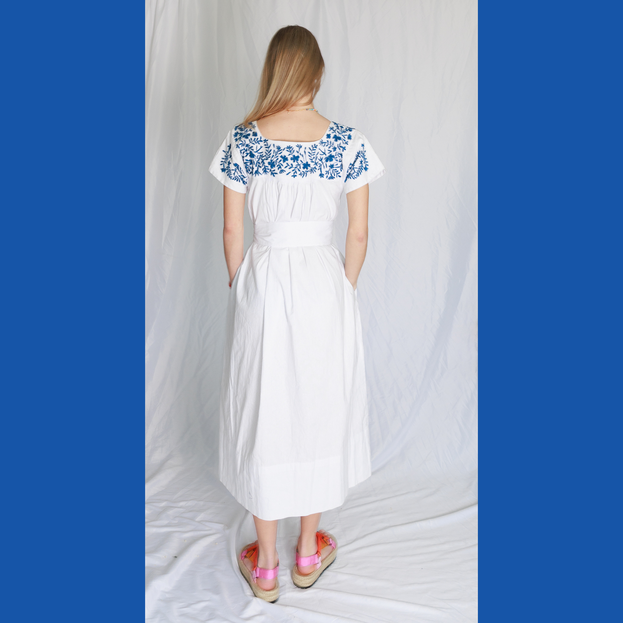 Mexican Embroidery Kaftan in Blue & White