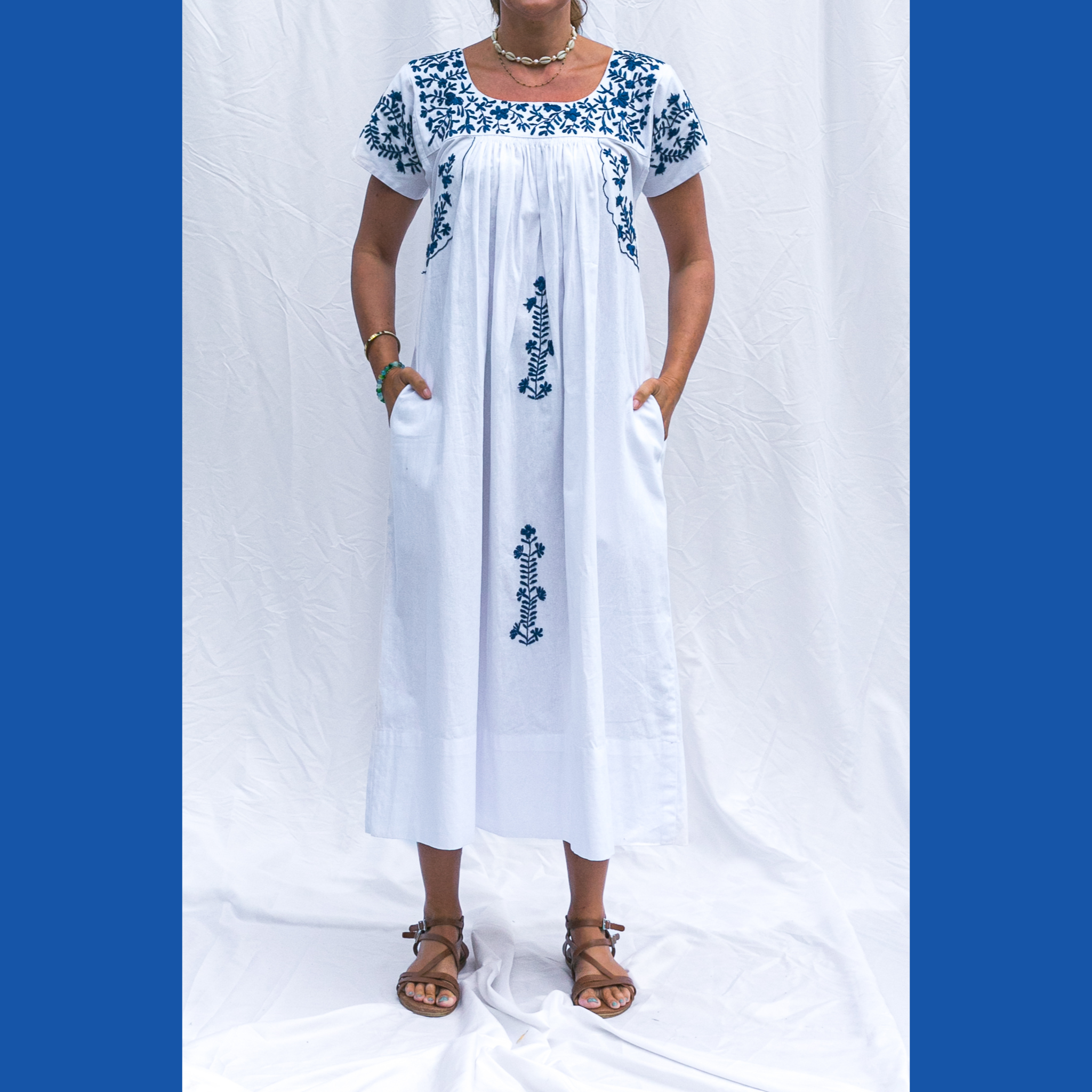 Mexican Embroidery Kaftan in Blue & White