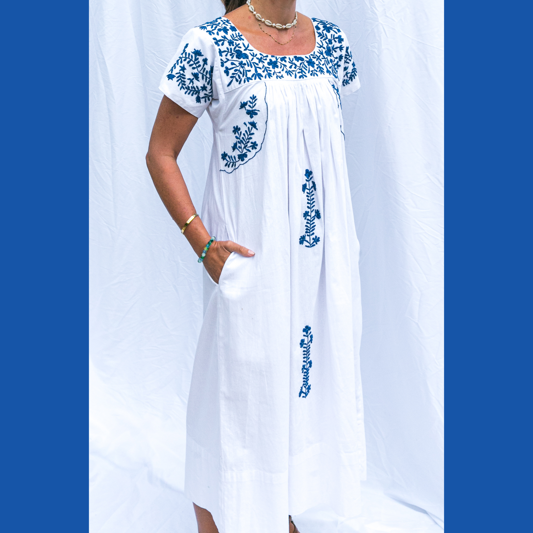 Mexican Embroidery Kaftan in Blue & White