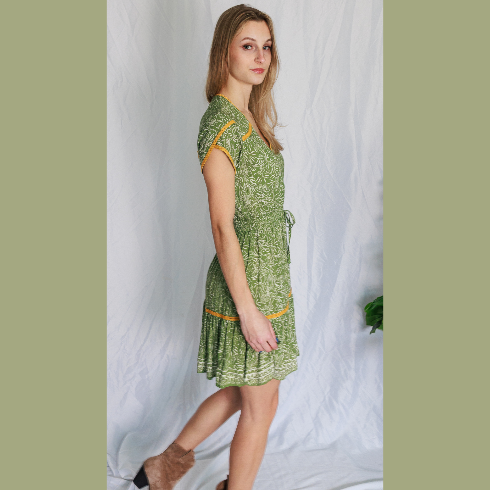Short Dewi Dress - Green Batik with mustard trim